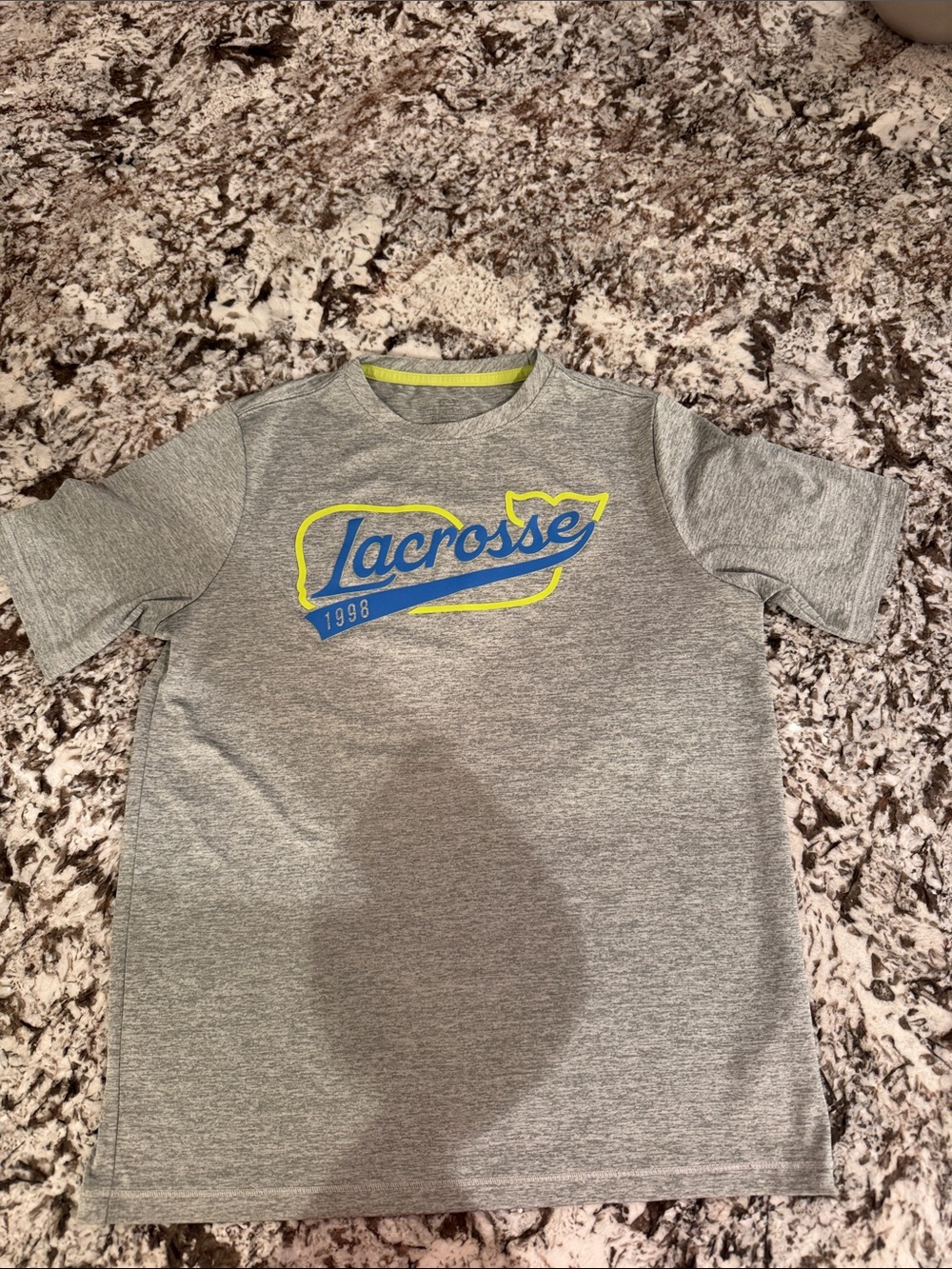 Vineyard Vines Kids Gray Performance Tee with Yellow and Blue Lacrosse Graphic